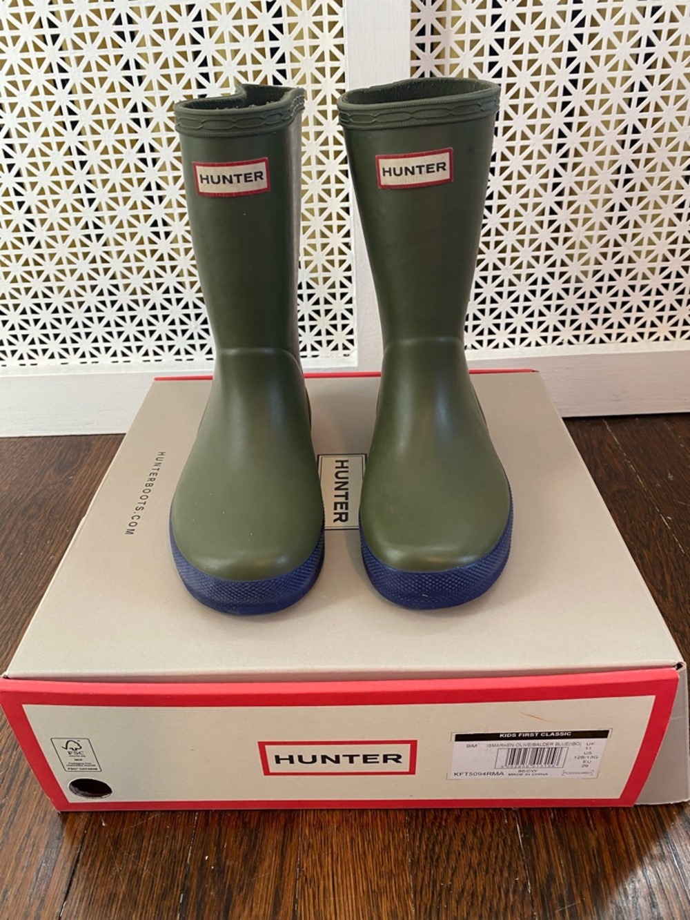 Hunter Olive Green Kids Classic Rain Boots with Navy Toecaps